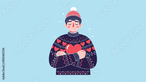 Touching illustration of a person in a cozy winter sweater and hat, tenderly hugging a large red heart to show self-love.