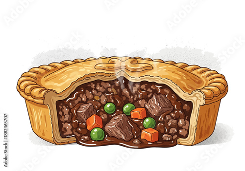 A cut pie with meat filling.