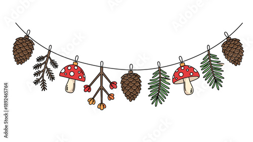 Charming hand-drawn garland made of natural forest elements like pine cones, fir branches, twigs, and cute toadstool mushrooms.