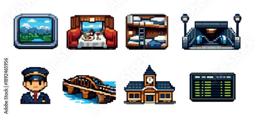 Pixel art train journey icons including scenic view, dining, and sleeper cars