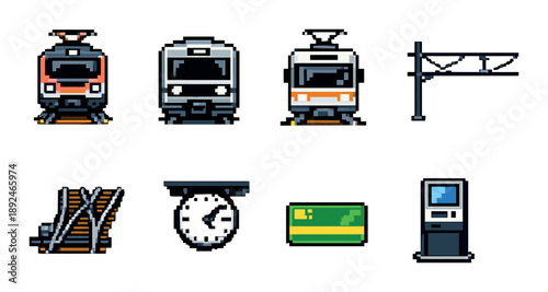 Pixel art train icons: locomotives, tracks, and station elements