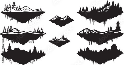 Mountain Landscape Silhouettes with Trees and Hills