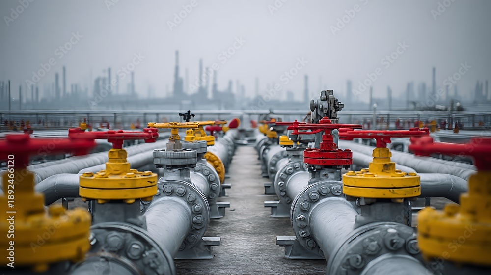 Fototapeta premium Industrial Pipes and Valves at Chemical Refinery