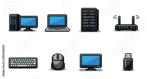Pixel art technology icons: computer, laptop, server, router, keyboard, mouse, monitor, usb