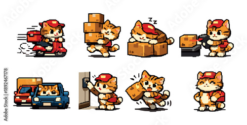 Cute pixel art cats wearing delivery uniforms engaged in various activities