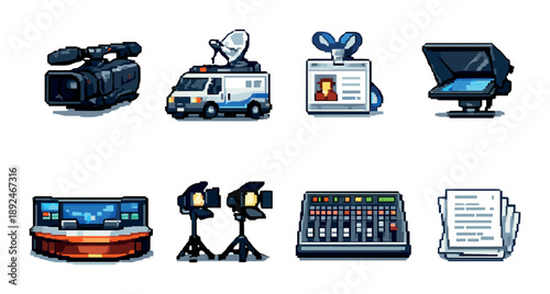 Pixel art news media icons featuring camera, satellite van, press id, teleprompter, and control panel