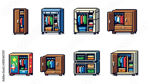 Pixel art wardrobes with clothes and accessories in various designs