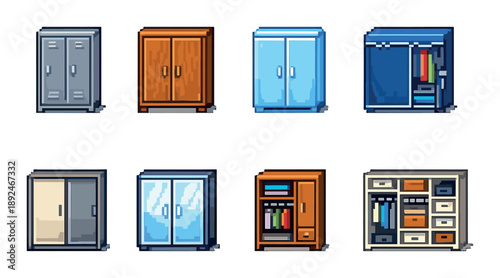 Pixel art wardrobe collection featuring various cabinet designs