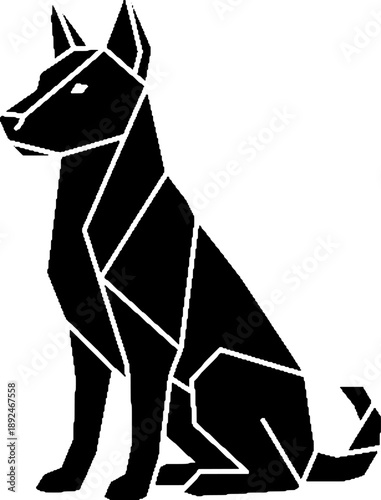 Black geometric abstract dog silhouette sitting patiently in profile view on transparent background