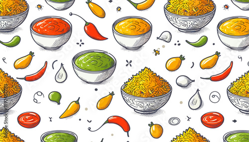 seamless pattern with biryani chutney and spices on a white background, vector pakistani and indian dish artwork