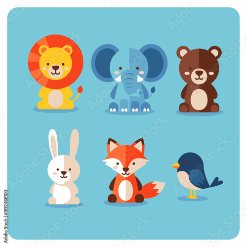 Cartoon Animals Standing on Blue Background.