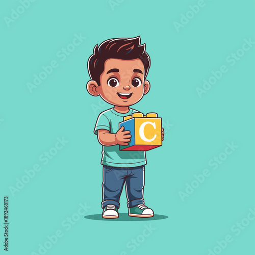 Cartoon Boy Holding Alphabet Block Letter.