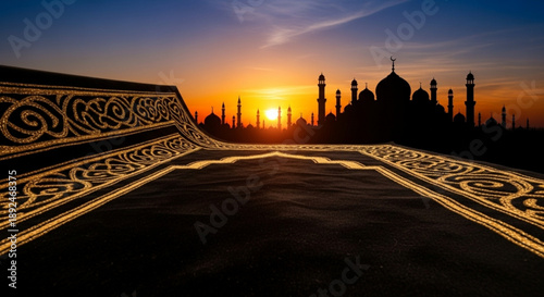 Golden sunrise over majestic mosque architecture with intricate designs and silhouetted domes