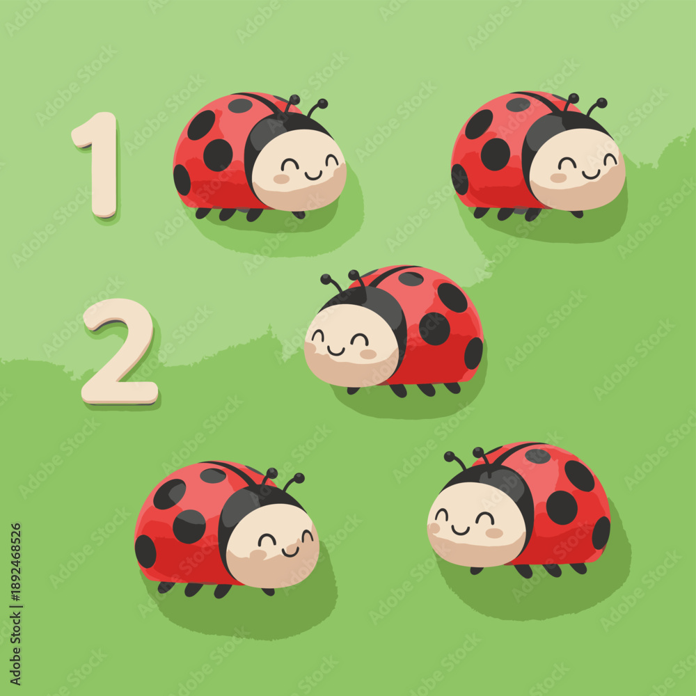Obraz premium Five Cartoon Ladybugs with Happy Faces.
