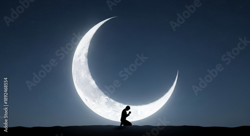 Silhouette of a person kneeling in contemplation under a large crescent moon at night