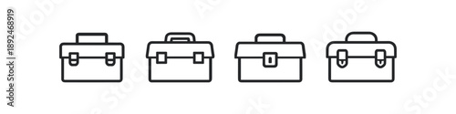 Collection of four simple line art icons representing toolboxes of various sizes and styles