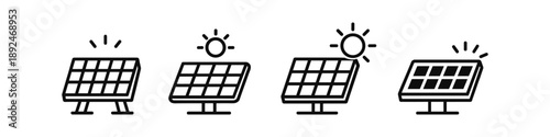 Collection of simple line art icons representing solar panels and the sun