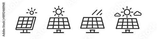 Set of solar panel icons showing different weather conditions and sun intensity