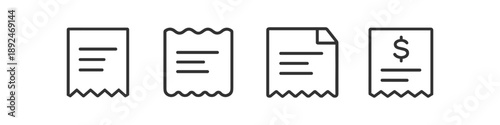 Collection of receipt icons with different styles and a dollar sign symbol