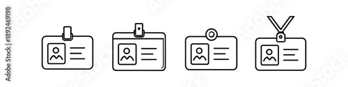 Collection of four different badge holder icons with clips and lanyards