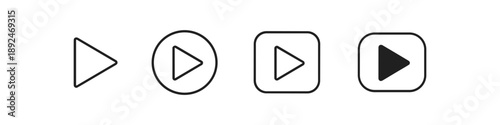 Collection of four play button icons in different styles and shapes on white background