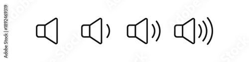 Set of four speaker volume icons showing increasing sound levels from mute to loud