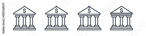 Row of simple line art bank buildings with dollar signs on a white background