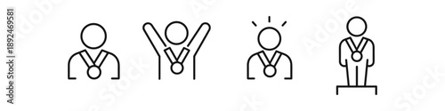 Set of simple line icons representing winners with medals and achievements