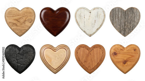 Wooden heart set including carved, burnt, painted, and natural grain textures isolated. Rustic decor and romantic symbol collection.