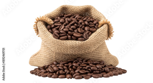 Photos Burlap sack full of coffee beans PNG isolated, roasted brown coffee beans spilli