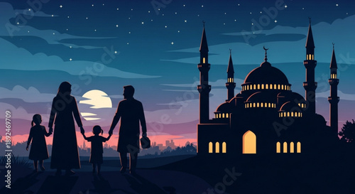 Family silhouette walking towards mosque at dusk with moonrise
