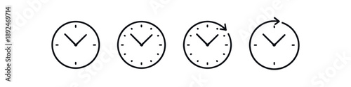 Set of four minimalist clock icons showing different times and a refresh symbol