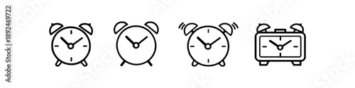 Collection of four alarm clock icons in a simple line art style
