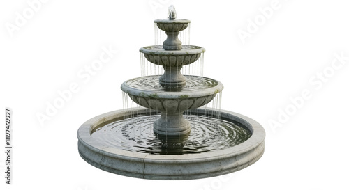 Three-tiered stone fountain isolated PNG, water feature with cascading tiers for garden decor and landscape design on transparent background