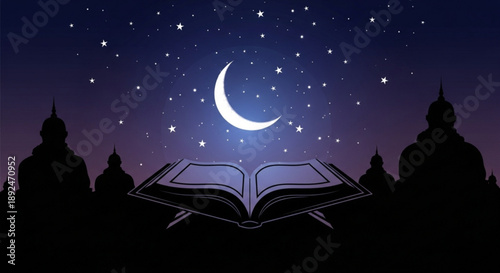 Open book under a crescent moon and stars with mosque silhouettes in the background at night