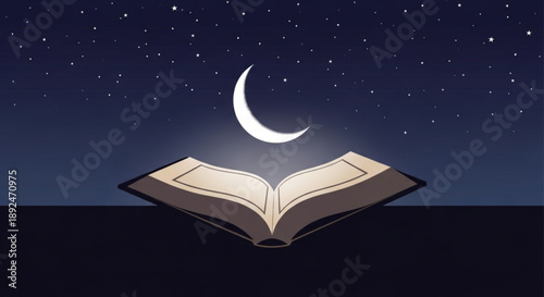 Glowing book opens under crescent moon at night with starry sky background symbolizing knowledge and spirituality