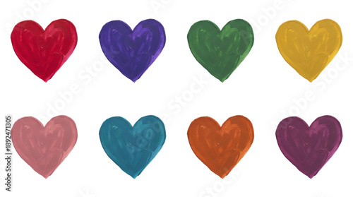 Acrylic heart set including red, purple, green, gold, pink, teal, orange, and maroon painted shapes. Artistic romantic elements for wedding and greeting card design.