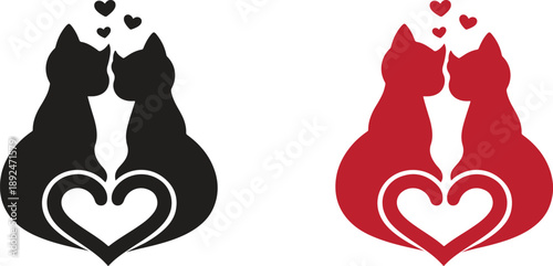 Love Cats Couple Silhouette Vector Illustration, Valentine Romantic Cat Design