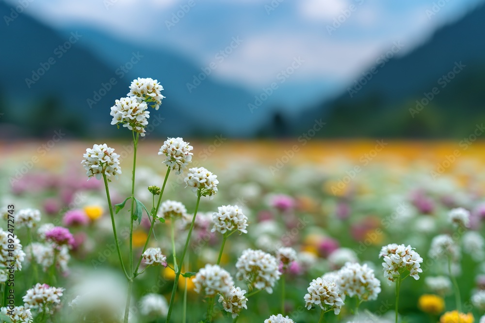 Obraz premium Close-up of delicate white wildflowers in a vibrant meadow with blurred mountains and sky in the background