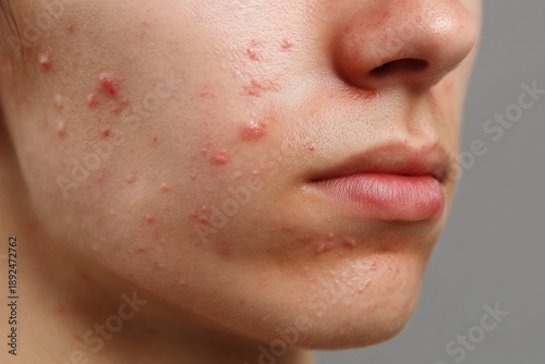 Close-up side profile of a person's face showing acne and skin imperfections