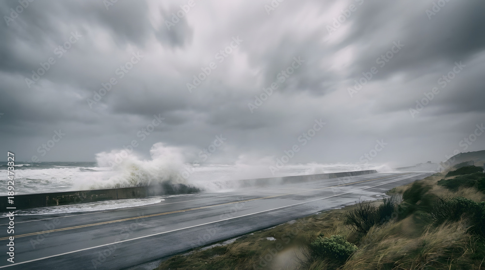 Obraz premium Empty coastal road with severe wind and spray