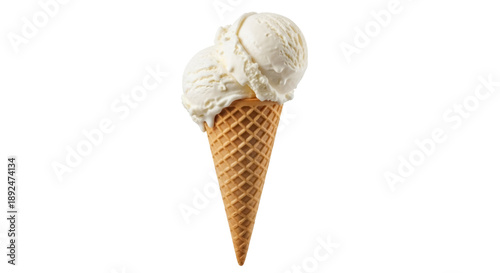 Foto Vanilla ice cream cone isolated PNG, sweet dessert with two scoops on transparen