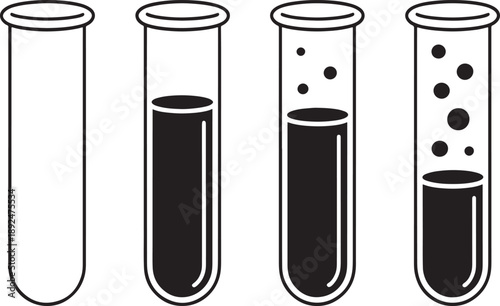 Four test tubes with different liquids on white background black laboratory