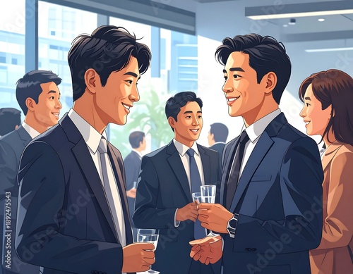 Two businessmen chatting with drinks at a networking event