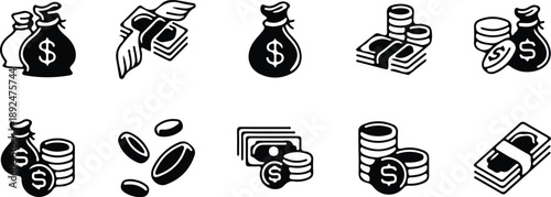 business money finance currency black white icons set vector illustration design 