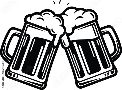 Two frothy beer mugs clinking together in a joyful toast, symbolizing celebration isolated on transparent background