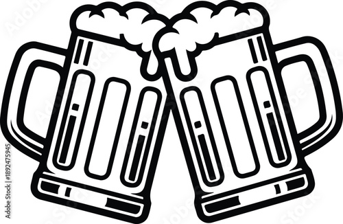 Two beer mugs clinking in a toast, a minimalist black and white vector for celebration. isolated on transparent background