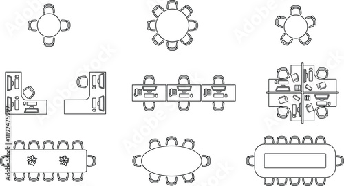 Office furniture top view layout set with desks tables chairs meeting workstations conference seating vector outline illustration workspace planning blueprint interior design