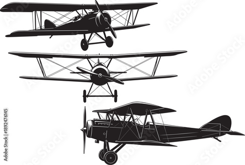 Three vintage biplane silhouettes shown from multiple angles including front, side, and perspective views, ideal for aviation history, retro aircraft, and design reference use.