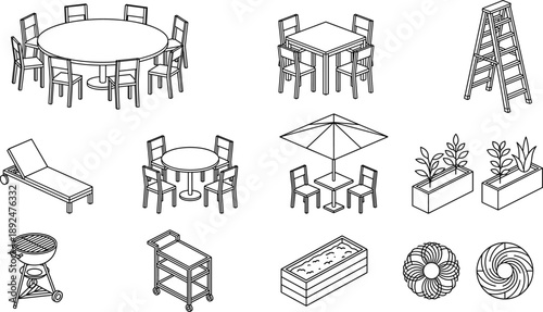 Outdoor patio furniture line art set featuring tables chairs grill umbrella planters ladder garden accessories black white illustration collection minimalist outline icons